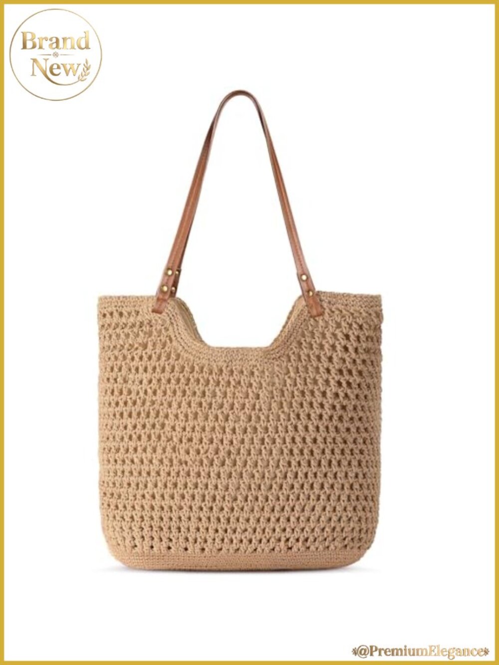 Woven Crochet Beach Tote Bag, Shoulder Bag for Women, PU Leather Strap,
